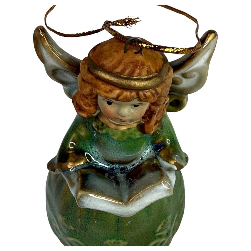 Ceramic Angel Bell figurine Christmas Ornament Green Dress Gold Accents VTG - Picture 2 of 7